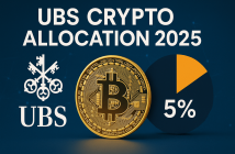 UBS logo with cryptocurrency chart showing 5% portfolio allocation