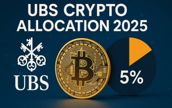 UBS logo with cryptocurrency chart showing 5% portfolio allocation