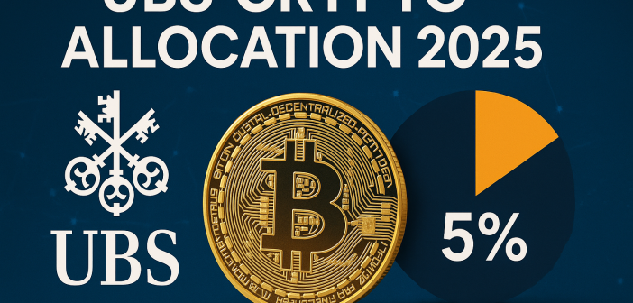 UBS logo with cryptocurrency chart showing 5% portfolio allocation