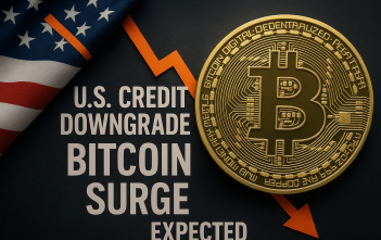 US Credit Downgrade Bitcoin Surge Begins Now as Dollar Weakens Bitcoin rising chart next to Moody’s downgrade alert