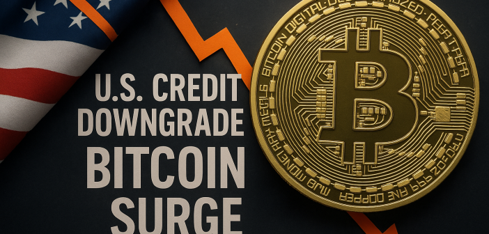 Bitcoin rising chart next to Moody’s downgrade alert