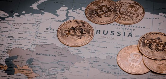 T-Bank logo with Bitcoin and Russian flag background