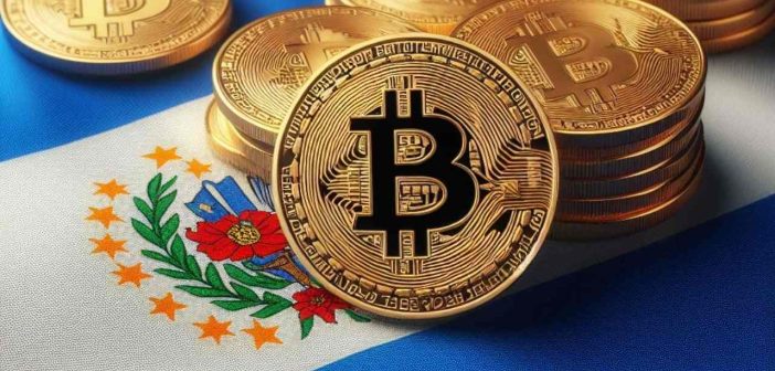 El Salvador flag and Bitcoin logo with IMF building in background