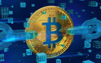 Bitcoin blockchain with smart contract icons and mining pool logos