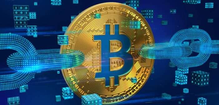 Bitcoin blockchain with smart contract icons and mining pool logos