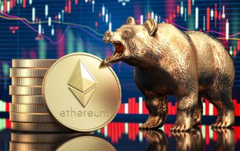 Ethereum logo with red arrow and declining chart