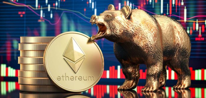Ethereum logo with red arrow and declining chart