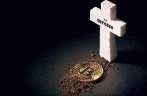 Bitcoin tombstone graphic with media headlines in 2025