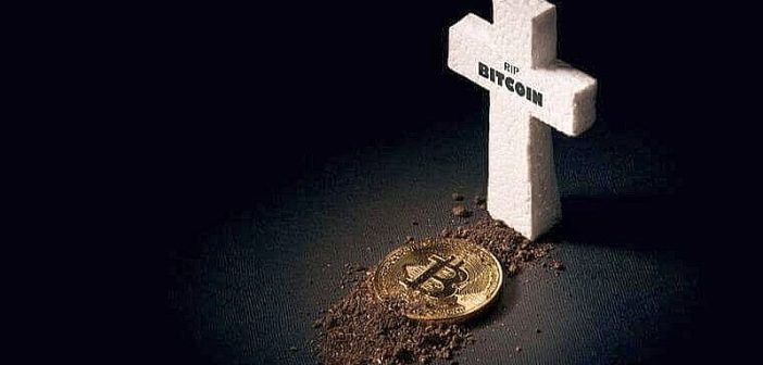 Bitcoin tombstone graphic with media headlines in 2025