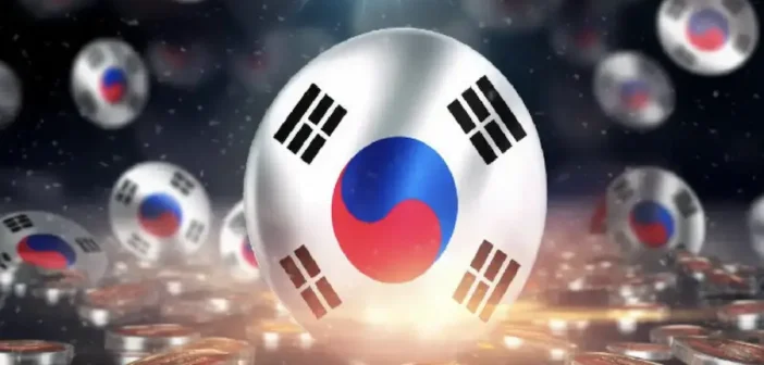 South Korean flag with digital asset icons and crypto exchange interface