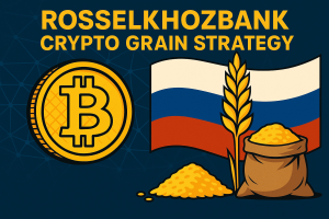 Cargo ship filled with grain and crypto icons, representing Rosselkhozbank strategy