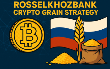 Cargo ship filled with grain and crypto icons, representing Rosselkhozbank strategy