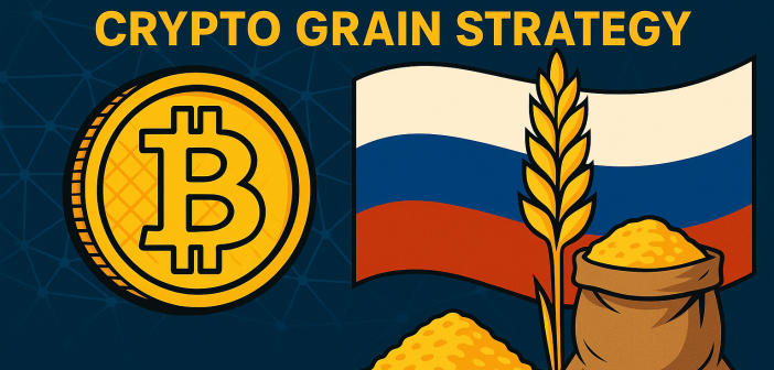 Cargo ship filled with grain and crypto icons, representing Rosselkhozbank strategy