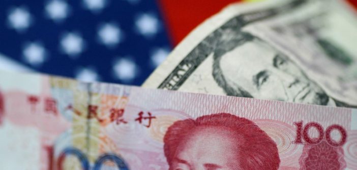 Currency symbols representing Asian currencies with a declining U.S. dollar symbol