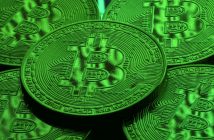 Bitcoin symbol with red and white trend overlays, Middle East map and U.S. dollar icon