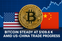 Bitcoin symbol with US and China flags representing trade negotiations