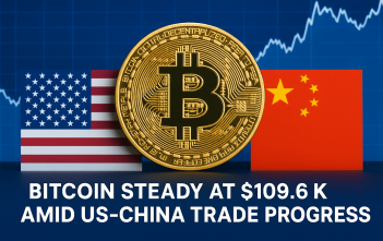 Bitcoin symbol with US and China flags representing trade negotiations