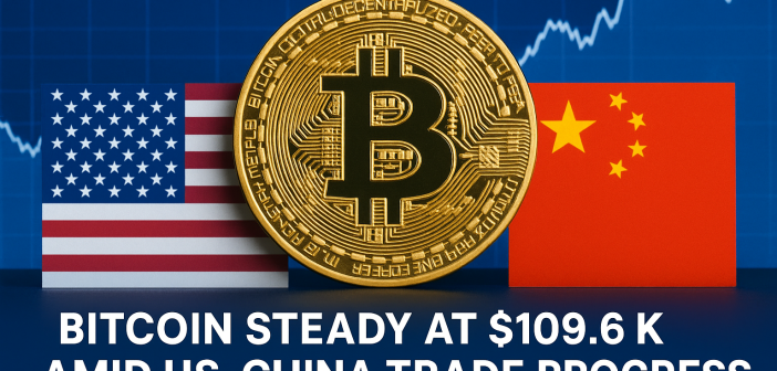 Bitcoin symbol with US and China flags representing trade negotiations