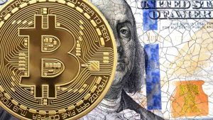 Bitcoin with U.S. debt chart in background