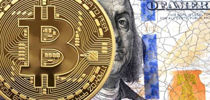 Bitcoin with U.S. debt chart in background