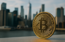 Bitcoin symbol towering over other cryptocurrencies in a digital landscape