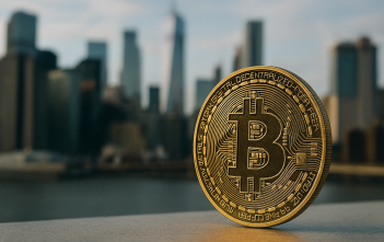 Bitcoin symbol towering over other cryptocurrencies in a digital landscape