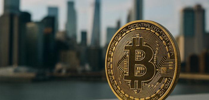 Bitcoin symbol towering over other cryptocurrencies in a digital landscape