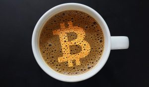 Vanadi Coffee logo with Bitcoin background