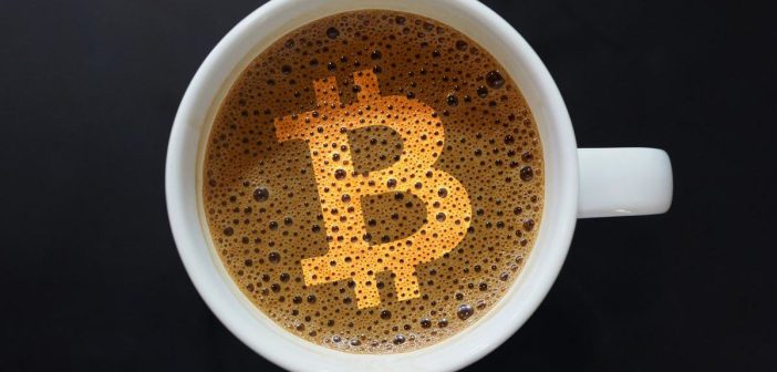 Vanadi Coffee logo with Bitcoin background