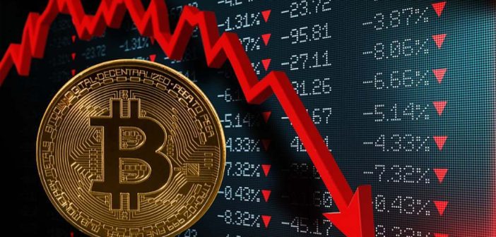 Bitcoin crash chart with falling price trend and gold rising