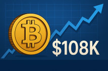 Bitcoin symbol with upward trend graph indicating price rise above $108K