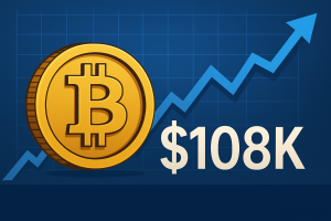 Bitcoin symbol with upward trend graph indicating price rise above $108K