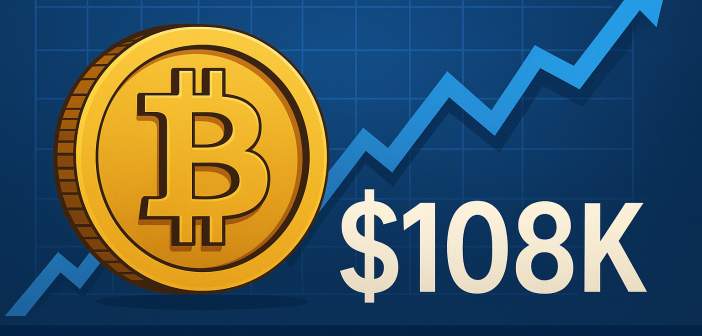 Bitcoin symbol with upward trend graph indicating price rise above $108K