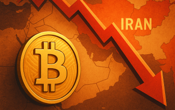 Bitcoin symbol with downward trend arrow and Middle East map in the background