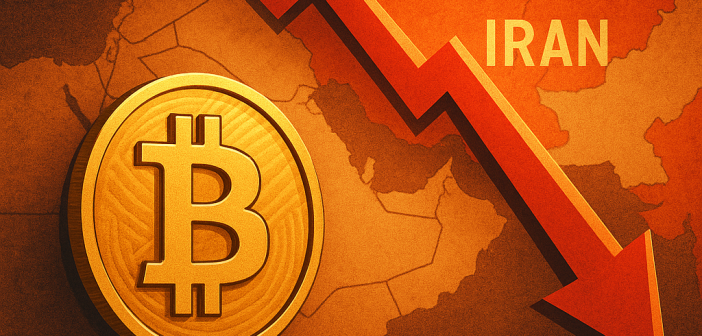 Bitcoin symbol with downward trend arrow and Middle East map in the background
