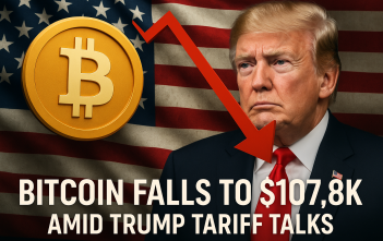 Bitcoin symbol with downward trend arrow and US flag background