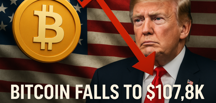 Bitcoin symbol with downward trend arrow and US flag background