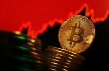 Bitcoin symbol with upward trend arrow and Middle East map in the background