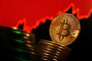 Bitcoin symbol with upward trend arrow and Middle East map in the background