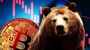 Bitcoin coin over red chart showing market dip in June