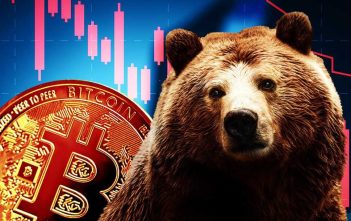 Bitcoin coin over red chart showing market dip in June
