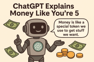 A robot explains money in simple terms to a child using tokens and coins