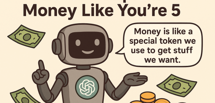 A robot explains money in simple terms to a child using tokens and coins