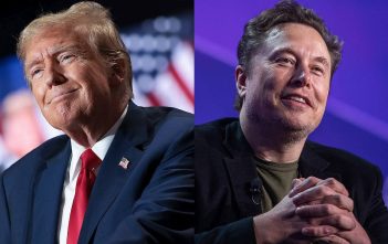 Charts of prediction markets with Musk and Trump portraits
