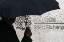FTSE 100 stock chart with upward arrow, UK inflation and pound symbols