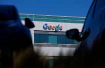 Scales of justice with Google logo in EU courtroom setting