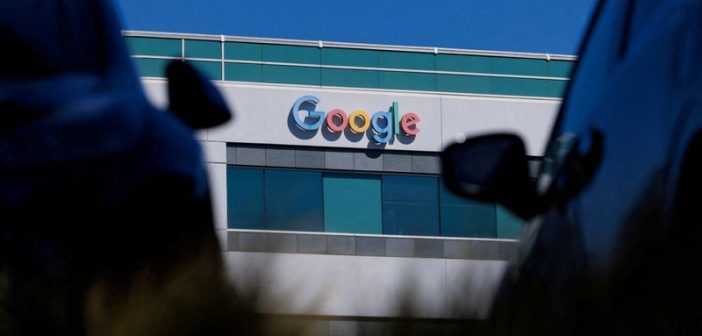 Scales of justice with Google logo in EU courtroom setting