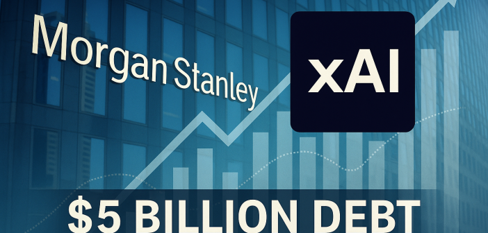 Morgan Stanley building with overlay of xAI logo and financial charts