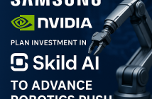 Samsung and Nvidia logos with robotic arm and Skild AI branding