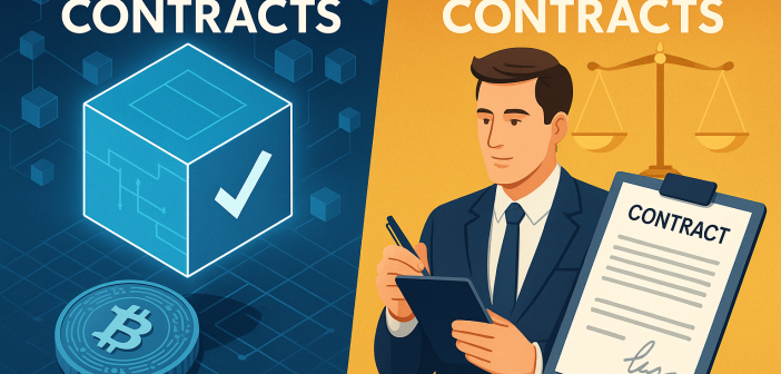 Illustration comparing smart contracts and traditional contracts
